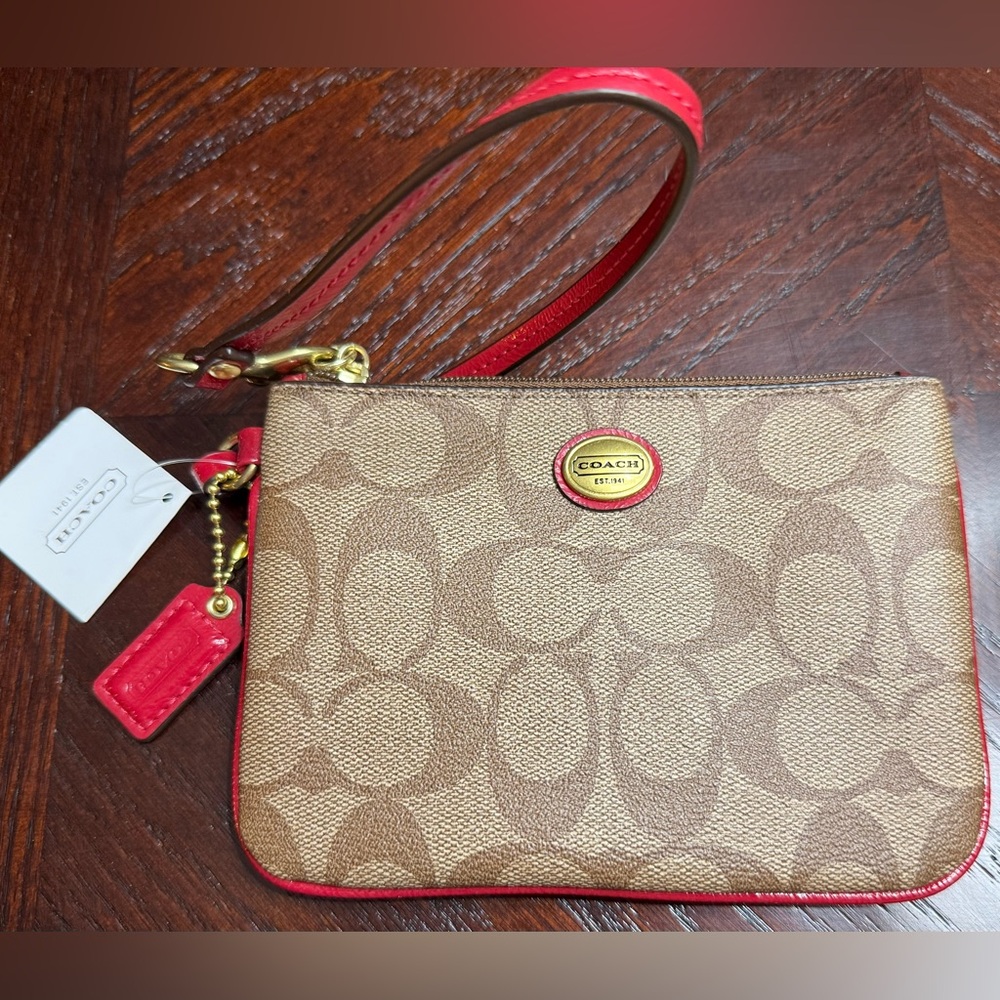 NWT Coach Peyton Signature Small Wristlet Khaki/Red